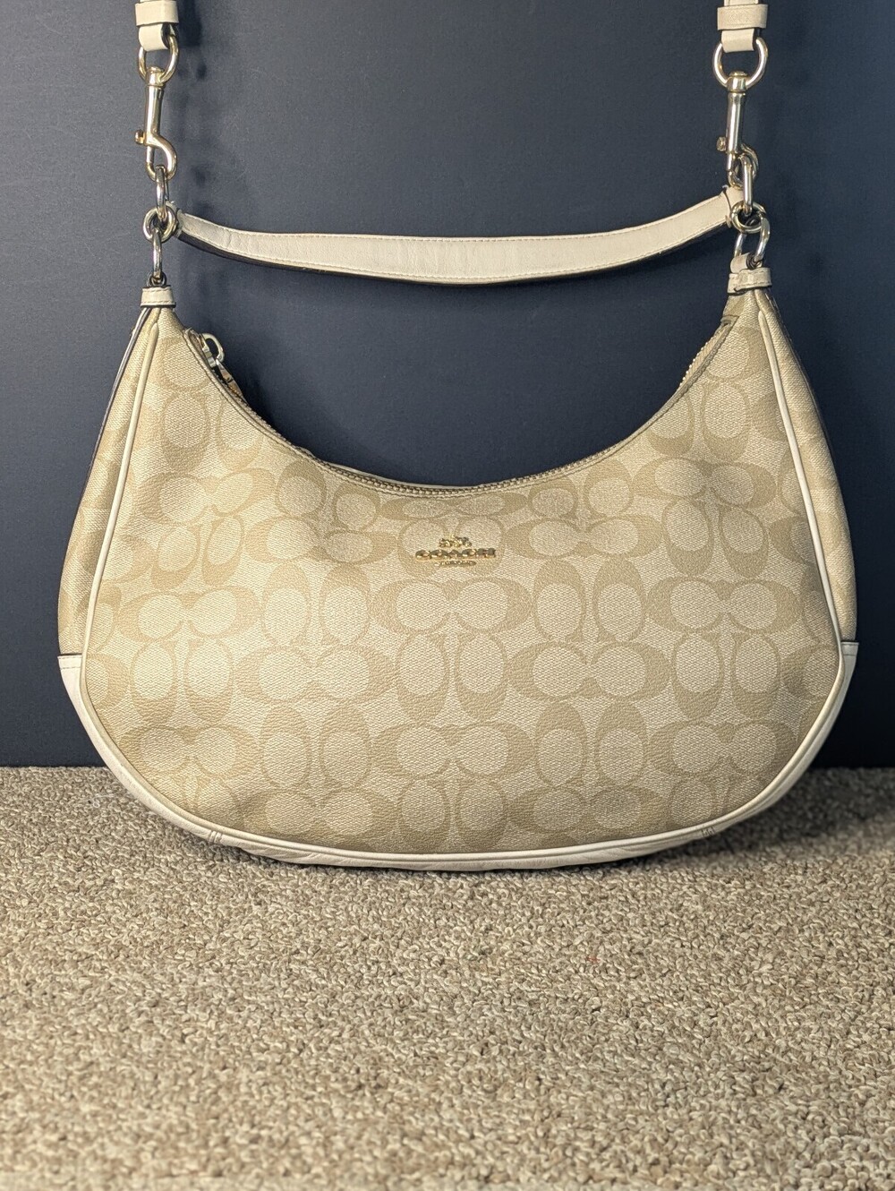 Coach Teri Hobo Crossbody Bag Shoulder Purse White Ivory Signature Canvas